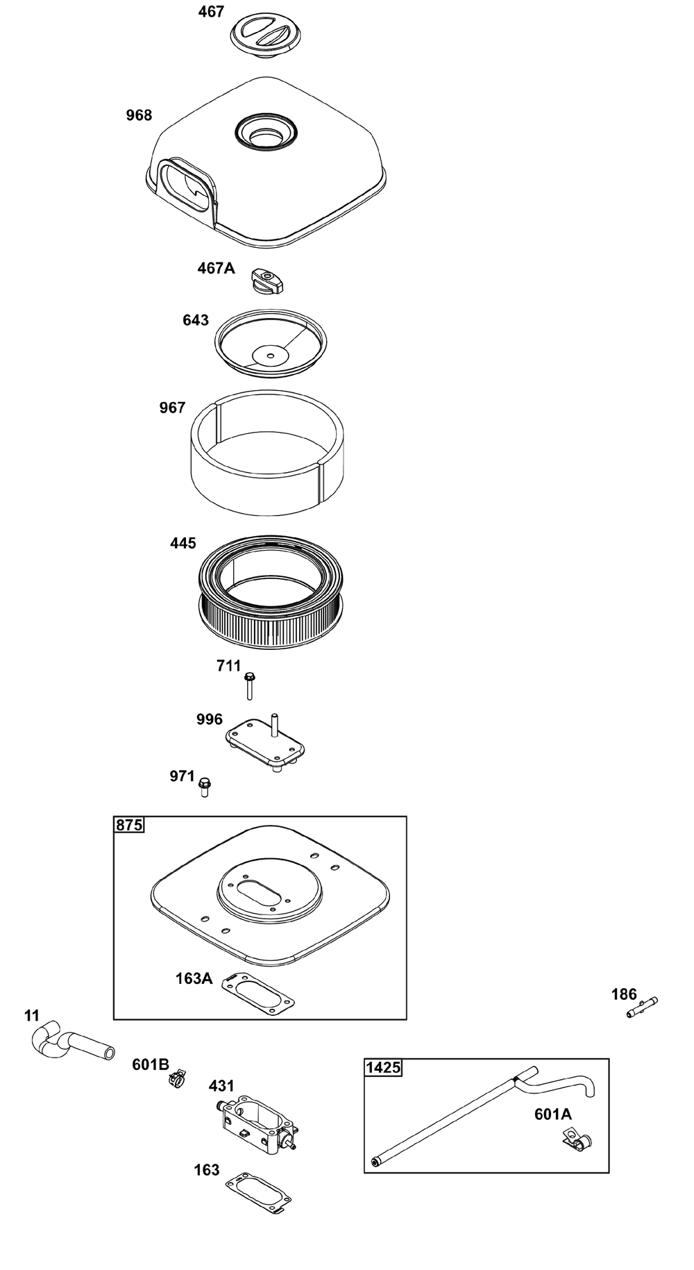 Air Cleaner Group Diagram and Parts List for 61G377-0104-J1  Briggs and Stratton Engine